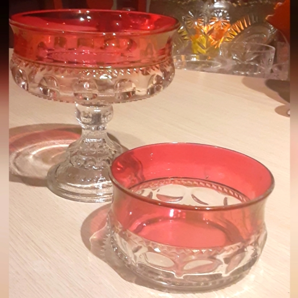 TIFFIN FRANSISCAN Kings Crown Cranberry Flash Thumbprint Pedestal Dish & Bowl